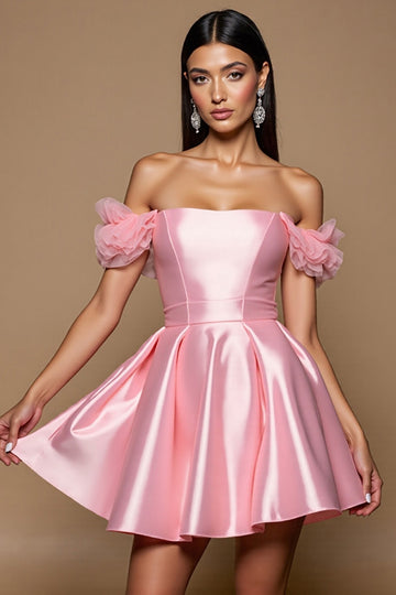 Pink Off The Shoulder Satin A Line Cocktail Dress